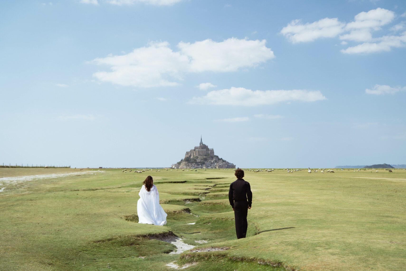 Mariés marchant dans les prés face au Mont-Saint-Michel